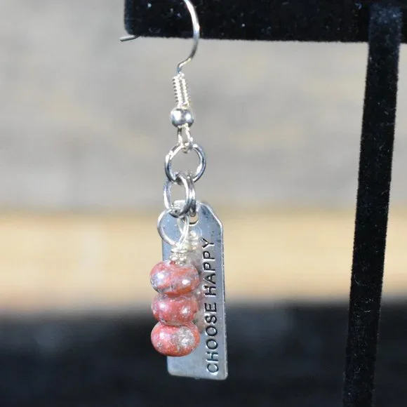 New Choose Happy and Red Jasper Bead Earrings - Picture 6 of 7
